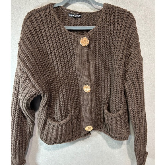 SHEIN Sweaters - Chunky Waffle knit Boxy Cardigan Women L Brown Button Front Gold Buttons Pockets